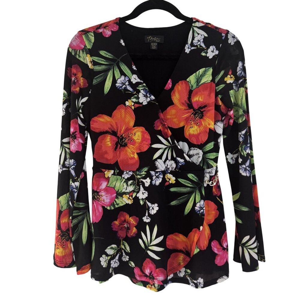 Thalia Sodi Womens Black Floral Tropical Print Bell Sleeve V-Neck Long Sleeve XS